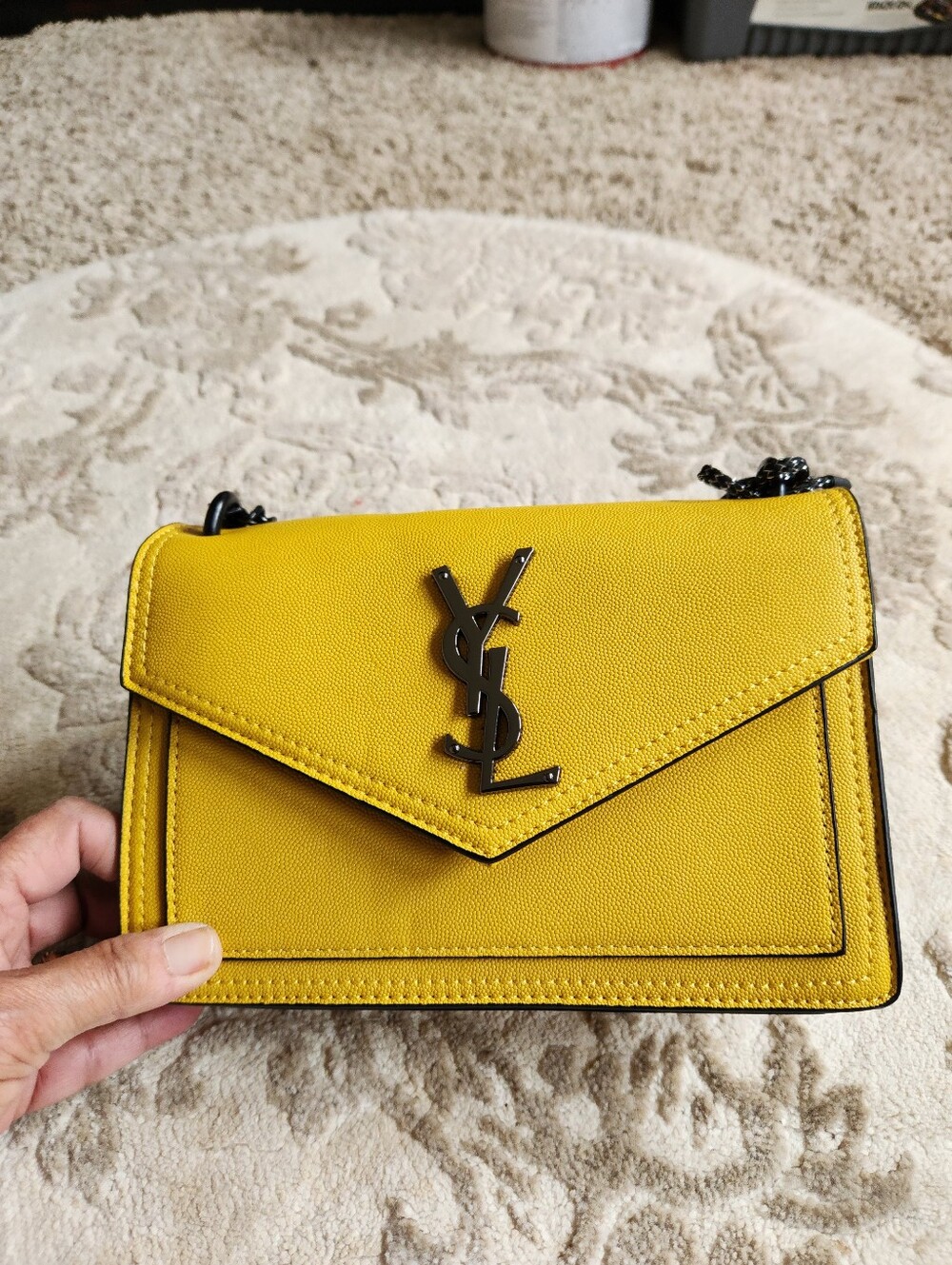 Saint Laurent Yellow Leather Envelope Crossbody with Black Logo
